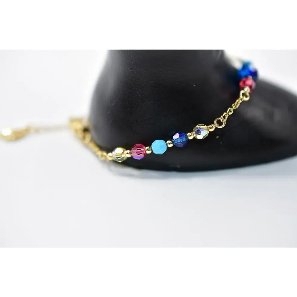 Swarovski Crystal Beaded Bracelet AB Blue Pink Gold Tone Chain Swan Signed Bin7